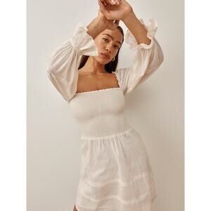 Reformation Dunes Dress Cream Puff Long Sleeve Smocked Square Neck‎ Mini Sz 4